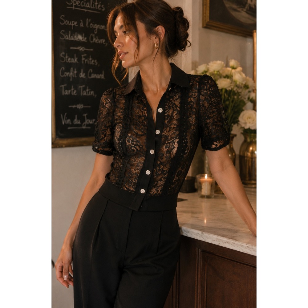 Peach Black Sheer Lace Cropped Blouse Rhinestone Button Puff Sleeve Small